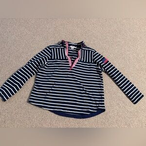 Vineyard Vine Navy Striped shep shirt with American flag on sleeve